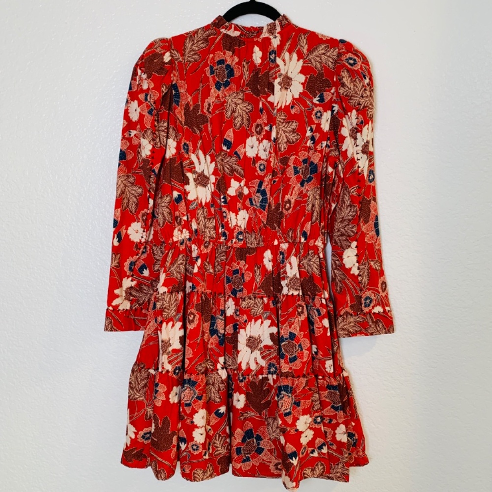 Ulla Johnson Red Liv Floral Mini Dress Size 8 Long Sleeves Cotton Blend Boho - Picture 4 of 16